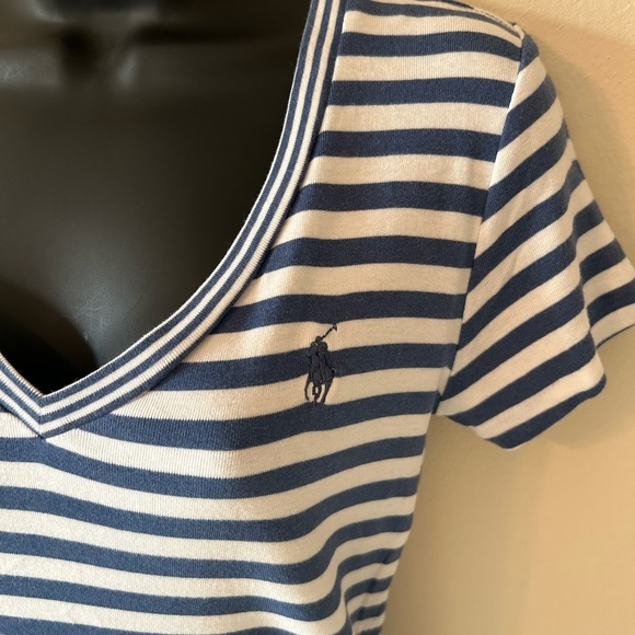 Ralph Lauren Blue & White Striped V-Neck Women's Logo Tee | Medium - Picture 2 of 9